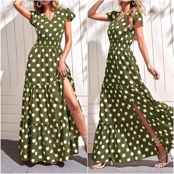 Boho Mustard Yellow Polka Dot V neck Ruffle Maxi Dress - Picture 8 of 10